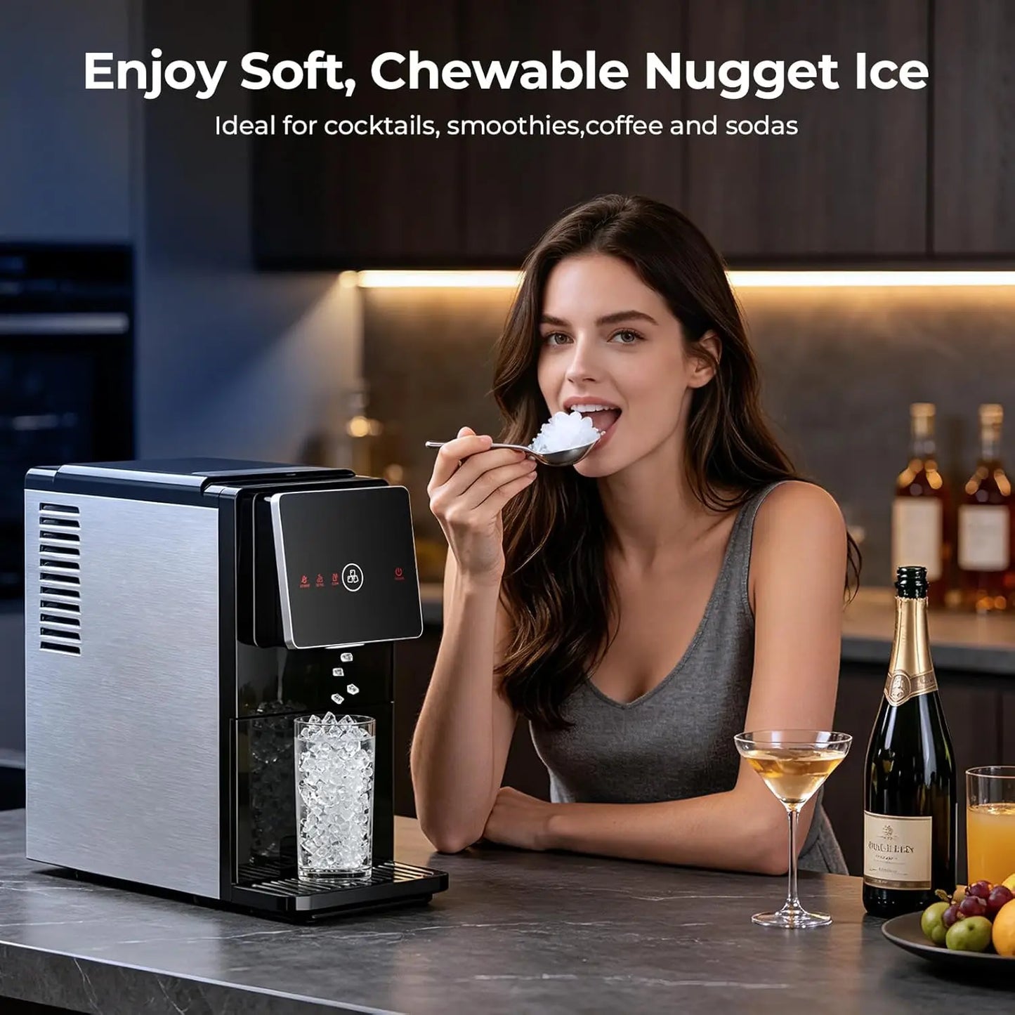 Countertop Nugget Ice Maker, 33 Lbs/24H Automatic Ice Dispenser, Self-Cleaning Portable Ice Machine, 1.8L Water Tank, Touch Scre